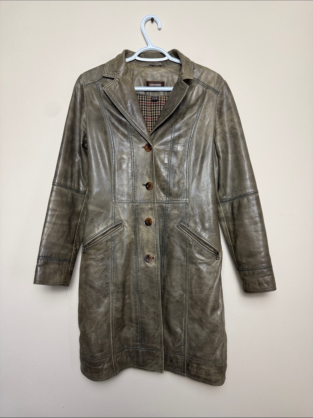 Danier Olive Leather Mid-Length Button Front Coat size oversized 2XS
